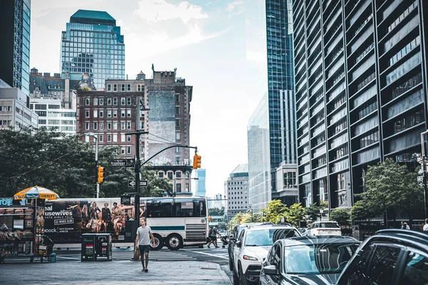 Över Aktiv Finansdistrikt New York City Nära Broadway Med Bilkörning — Stockfoto