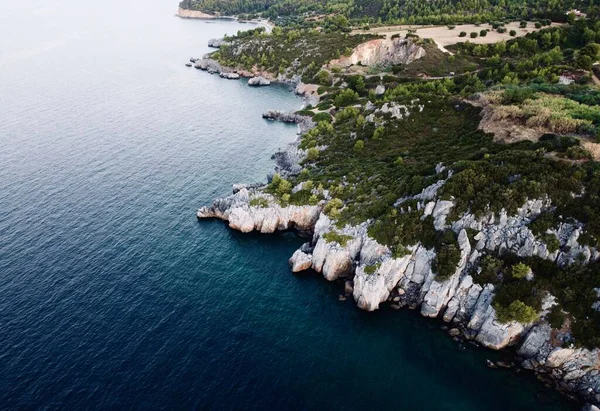 岩石和树木构成的海岸线的鸟瞰图 — 图库照片