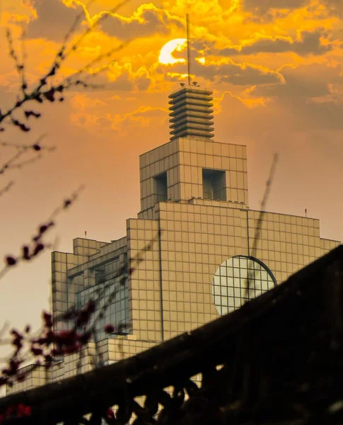 Ein Modernes Gebäude Aus Den Zweigen Sonnenuntergang — Stockfoto