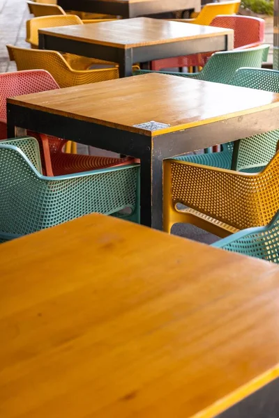 Wooden Table Colorful Chairs Cafe — Stock Photo, Image