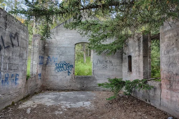 Uma Vista Das Ruínas Pedra Abandonadas Edifício Rodeado Por Árvores — Fotografia de Stock