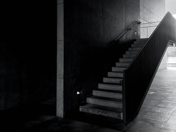 Egy Szürkeárnyalatú Felvétel Egy Lépcsőről Félhomályos Fényben — Stock Fotó