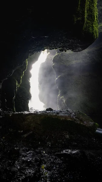 在黑暗的洞穴里垂直拍摄的岩石和苔藓 — 图库照片