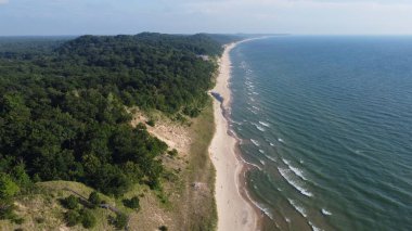 Mavi denize karşı yeşilliklerle kaplı kumlu bir sahilin kuş bakışı görüntüsü.