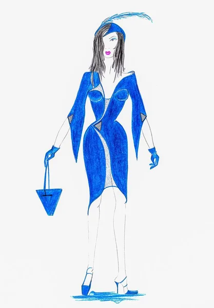 Handgjord Modedesign Skiss Blå Klänning — Stockfoto
