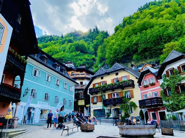 Vue Angle Bas Centre Ville Beau Village Hallstatt Dans Les — Photo