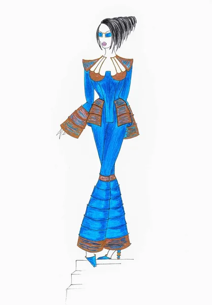 A handmade fashion design sketch of a blue outfit