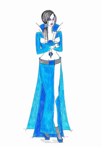 A handmade fashion design sketch of a blue dress