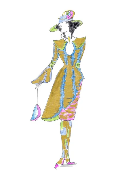 A handmade fashion design sketch of a yellow dress