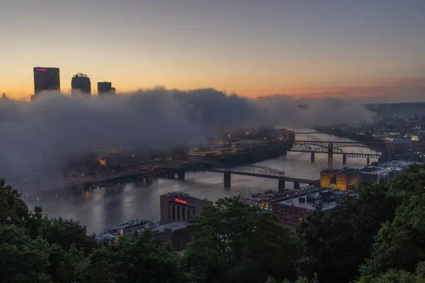 Beautiful Shot Clouds Covering Bridges River Sunset — Stock Photo, Image