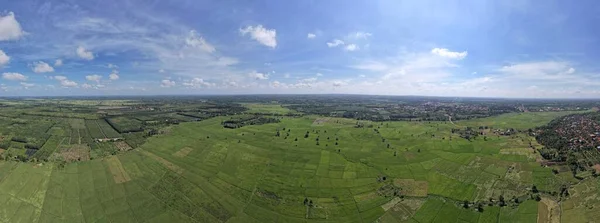 Ein Panoramablick Auf Eine Landschaft Mit Grünen Feldern Vor Blauem — Stockfoto