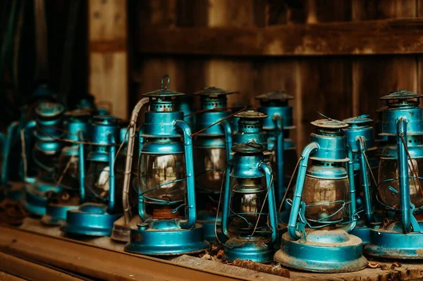 Bunch Blue Dusty Kerosene Lamps Wooden Counter Barn — Stock Photo, Image