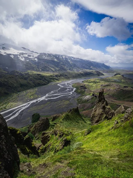 Disparo Vertical Del Río Valle Porsmork Islandia — Foto de Stock