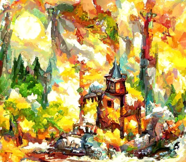 Cyfrowa Ilustracja Kolorowego Obrazu Pięknej Świątyni Lesie — Zdjęcie stockowe