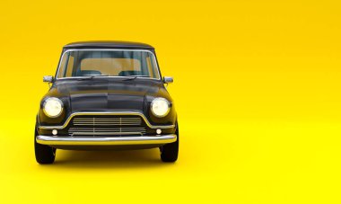 Sarı arka planda izole edilmiş siyah bir retro arabanın 3 boyutlu görüntüsü