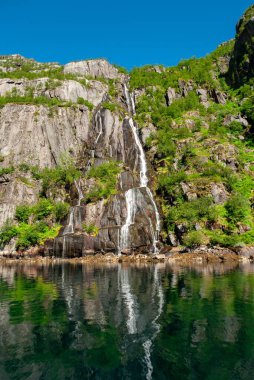 Norveç, Trollfjorden Lofoten Adaları 'ndaki güzel şelalenin dikey görüntüsü.