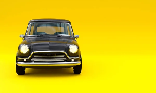 Uma Renderização Carro Retro Preto Isolado Fundo Amarelo — Fotografia de Stock