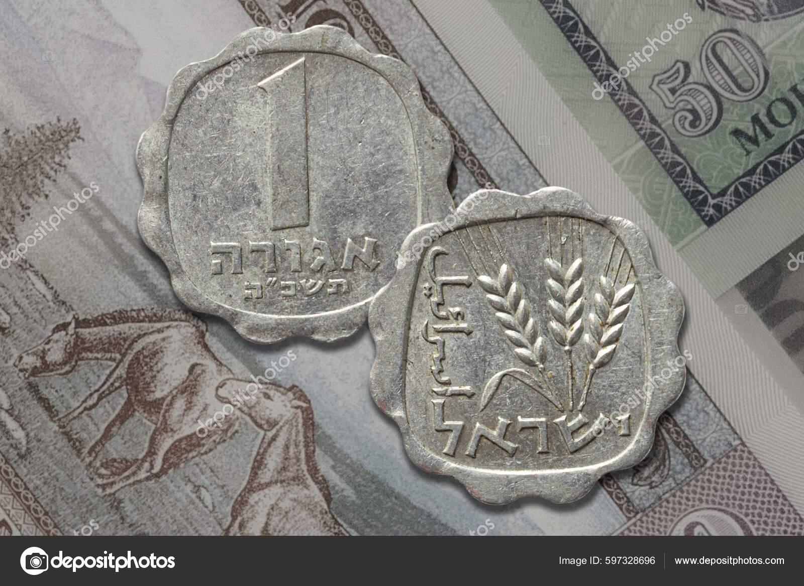 以色列谢克尔硬币正面朝上背面印在钞票上——图库图片© wirestock_creators #597328696