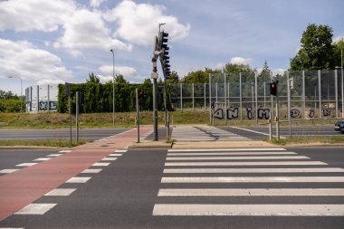 Poznan 'da yaya ve bisikletli bir zebra karşıya geçiyor.