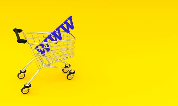 Shopping Cart Isolated Yellow Background Copyspace Online Shopping Concept — Stock Photo, Image