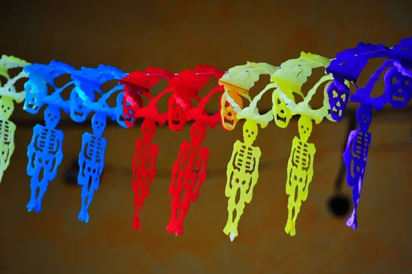 Elaborate Colorful Sequence Skeleton Shaped Decorations Placed Thread — Stock Photo, Image