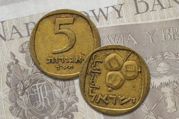 Izraelska Moneta Szeklowa Awersem Rewersem Banknotach — Zdjęcie stockowe