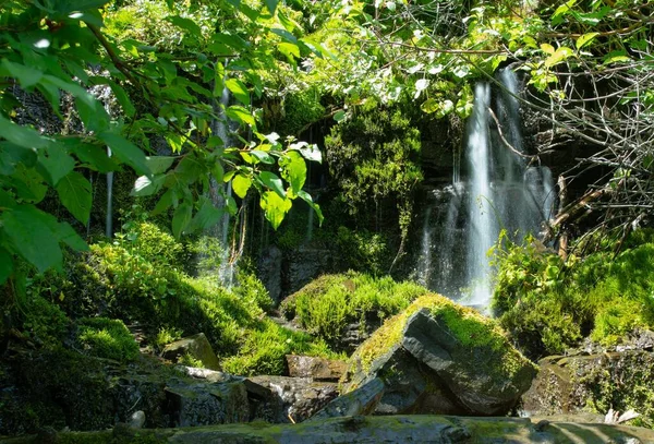 Detailní Záběr Krásného Vodopádu Stékajícího Skalách Lese Slunečného Dne — Stock fotografie