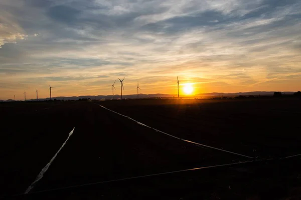 Sunset Field Windmills Water Pipeline — Stock Photo, Image