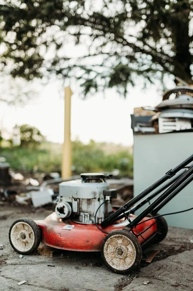 Shallow Focus Shot Used Red Lawn Mower Recycling Center — Stock Photo, Image