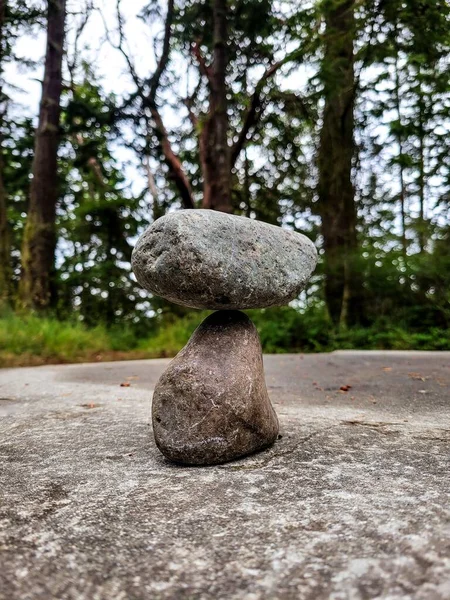 Tiro Close Duas Rochas Cuidadosamente Equilibrado Com Fundo Uma Floresta — Fotografia de Stock