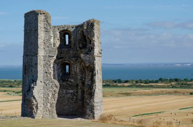 Hadleigh Kalesi kulesi. Arkasında deniz ve tarlalar var..