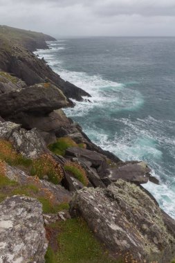 Uçurumdan dalgalı bir denizin kayalık sahili güzel bir manzara.