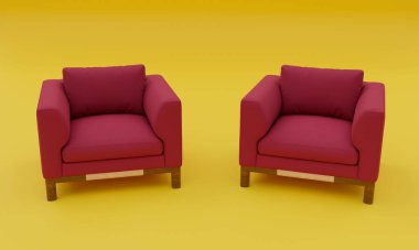 Sarı arka planda izole edilmiş iki kırmızı koltuğun 3 boyutlu görüntüsü