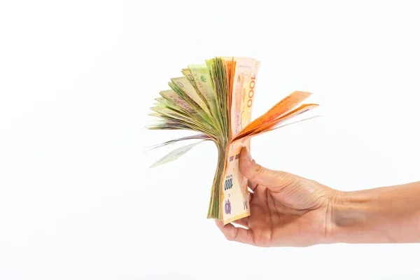 Abanico Dinero Una Mano Sobre Fondo Blanco Aislado — Foto de Stock