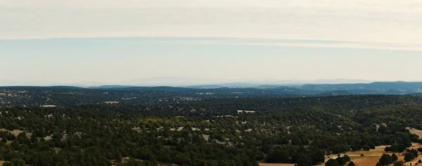 Une Vue Panoramique Paysage Avec Des Arbres Verts Denses Contre — Photo