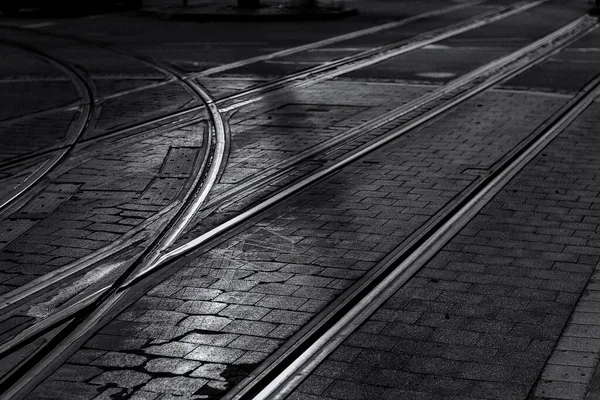 Grayscale Tram Rails Street Night — Stock Photo, Image