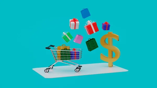 Rendering Shopping Bags Gift Boxes Shopping Cart Dollar Sign Shopping — Stock Photo, Image