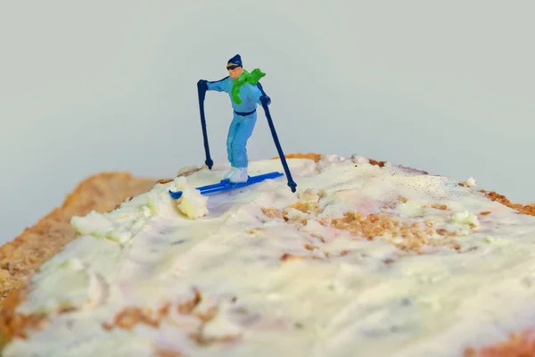 Skier Rides Toast Topped Cream Cheese White Background — Stock Photo, Image