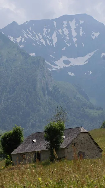 Plano Vertical Una Cabaña Las Altas Montañas Con Bosque Verde —  Fotos de Stock