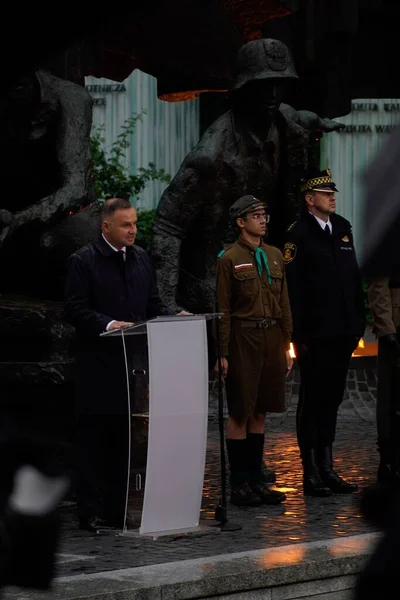 Presidente Polónia Andrzej Duda Dirige Aos Insurgentes Convidados Varsóvia — Fotografia de Stock
