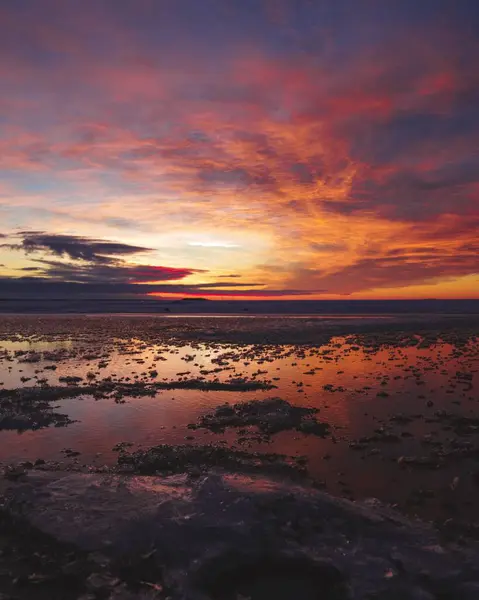 Eine Vertikale Aufnahme Eines Strandes Während Eines Wunderschönen Sonnenuntergangs Ideal — Stockfoto