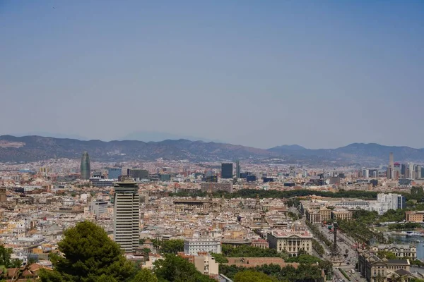 Horizontální Snímek Města Barcelona Španělsko Montjuic — Stock fotografie