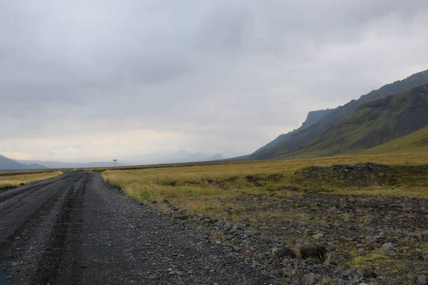 灰色の空の下の広いフィールドの風景の中にアスファルトの道路 — ストック写真