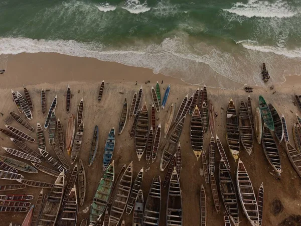 Воздушный Зенитный Снимок Многих Рыбацких Лодок Пришвартованных Песке Порт Пече — стоковое фото