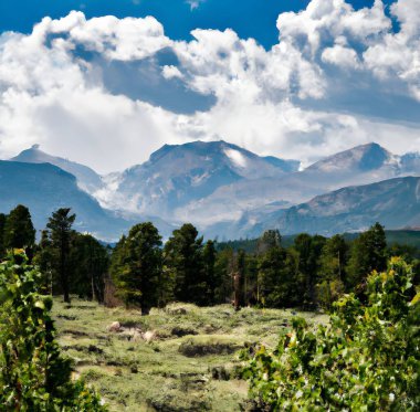 Güneşli bir günde yeşilliklerle kaplı kayalık dağların manzarası.