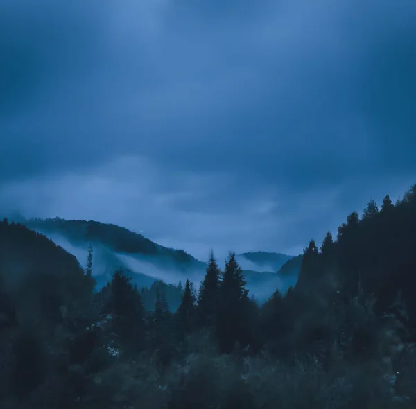 Ett Landskap Berg Täckt Skog Och Dimma Molnig Himmel Natten — Stockfoto