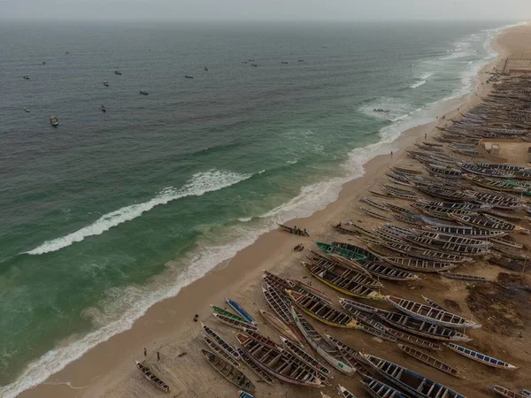 Aerial Seascape Fishing Port Nouakchott Many Boats Sand Another Water — Stock Photo, Image