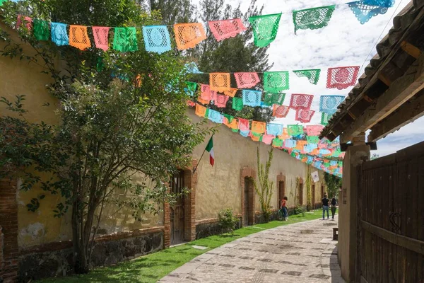 墨西哥一条美丽的小巷 装饰五彩缤纷 门窗紧闭 绿树成荫 — 图库照片