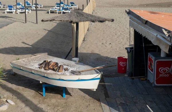 Gotowanie Espetos Sardines Typical Fishing Boat Beach Sand Beach Bar — Zdjęcie stockowe