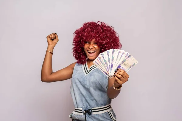 Excited Happy African Lady Flaunting Some Cash — Stock Photo, Image